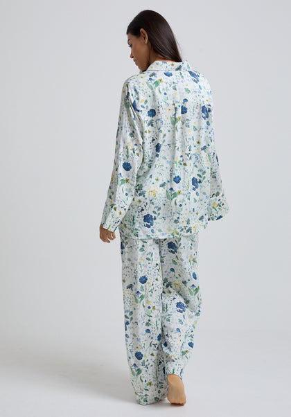 Evie Long Sleeve Pressed Floral Print Pyjama Set In Blue