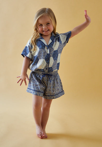 Girls patchwork Printed  Shirt and Short Pyjama Set with piping detail in Blue