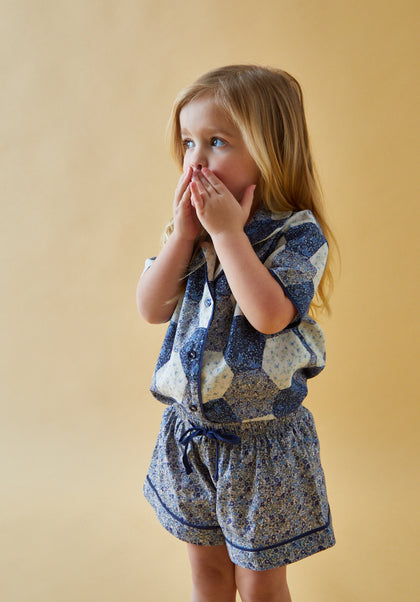 Girls patchwork Printed  Shirt and Short Pyjama Set with piping detail in Blue