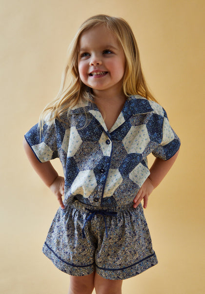 Girls patchwork Printed  Shirt and Short Pyjama Set with piping detail in Blue