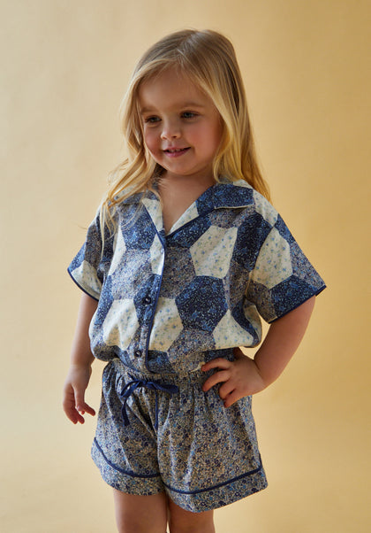 Girls patchwork Printed  Shirt and Short Pyjama Set with piping detail in Blue