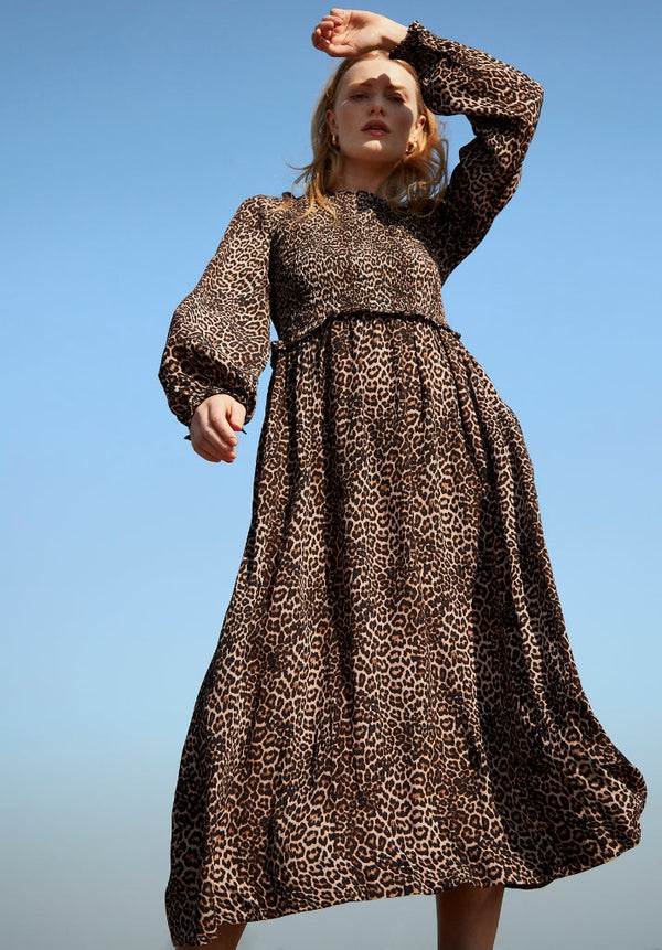Elsie Big Cat Midi Dress in Brown