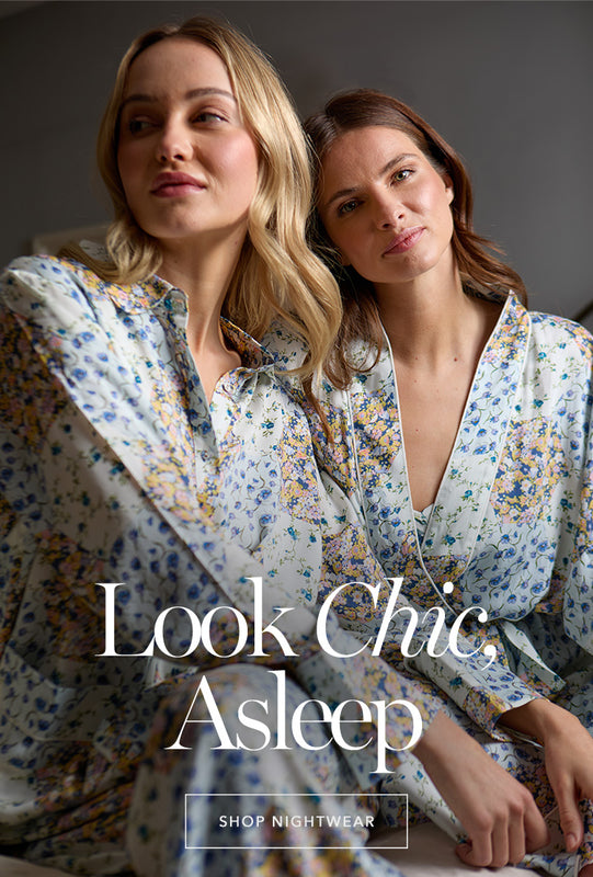 Model on left wears our Evie Long Sleeve Summer Patchwork Print Pyjama Set In Multi. Model on right wears the Corina Kimono Style Summer Patchwork Print Robe In Multi. Copy on image 'Look Chic, Asleep - Shop Nightwear'.