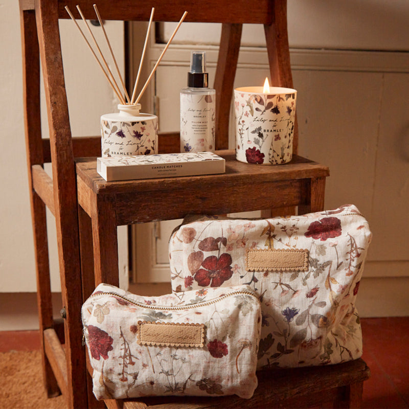 A selection of homewear and gifting products, in collaboration with Bramley, featuring our Cream Pressed Floral print. 