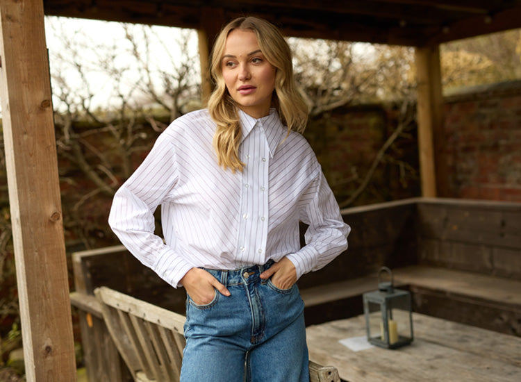 Model wearing the Dapper double placket shirt in white - mobile version