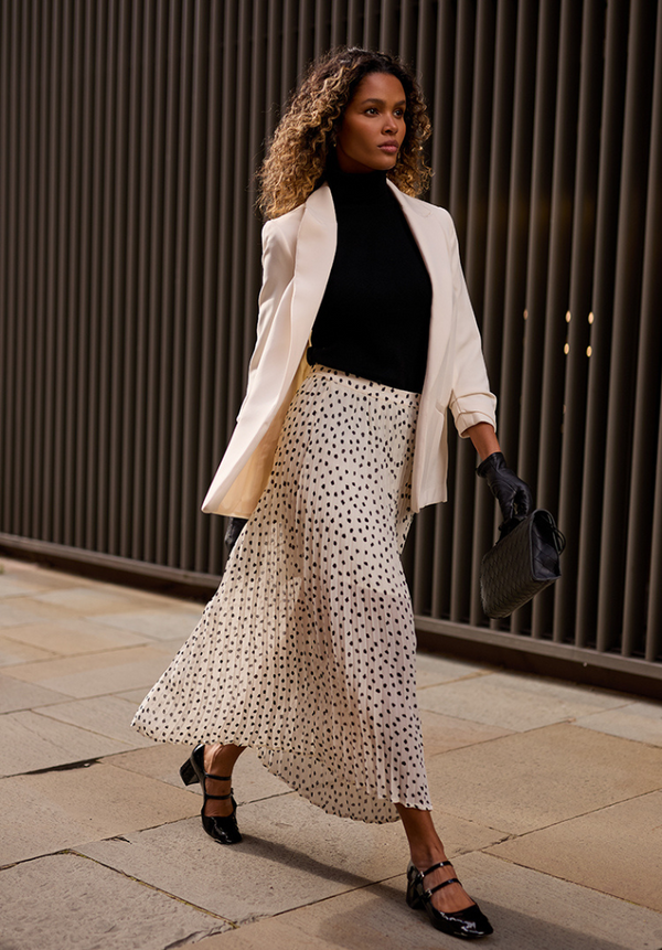 Nia Polka Dot Printed Midi Skirt In White