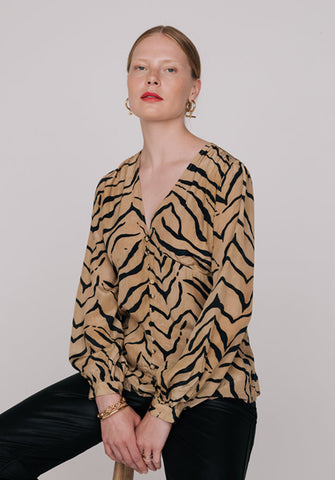 Emmy Deep V-Neck Tiger Print Blouse In Brown