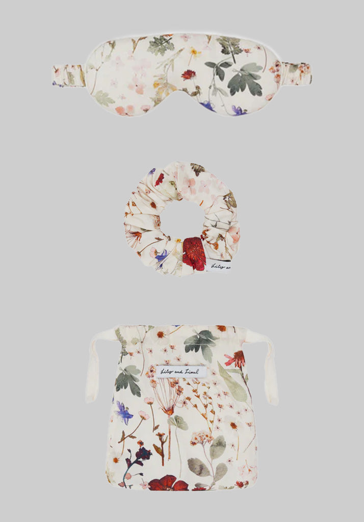 Ella Eye Mask Scrunchie Pressed Floral Print Set In Cream