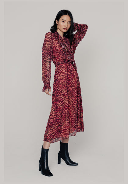 Fifi Leopard Midi Dress in Burgundy