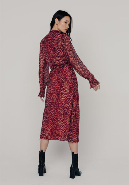 Fifi Leopard Midi Dress in Burgundy