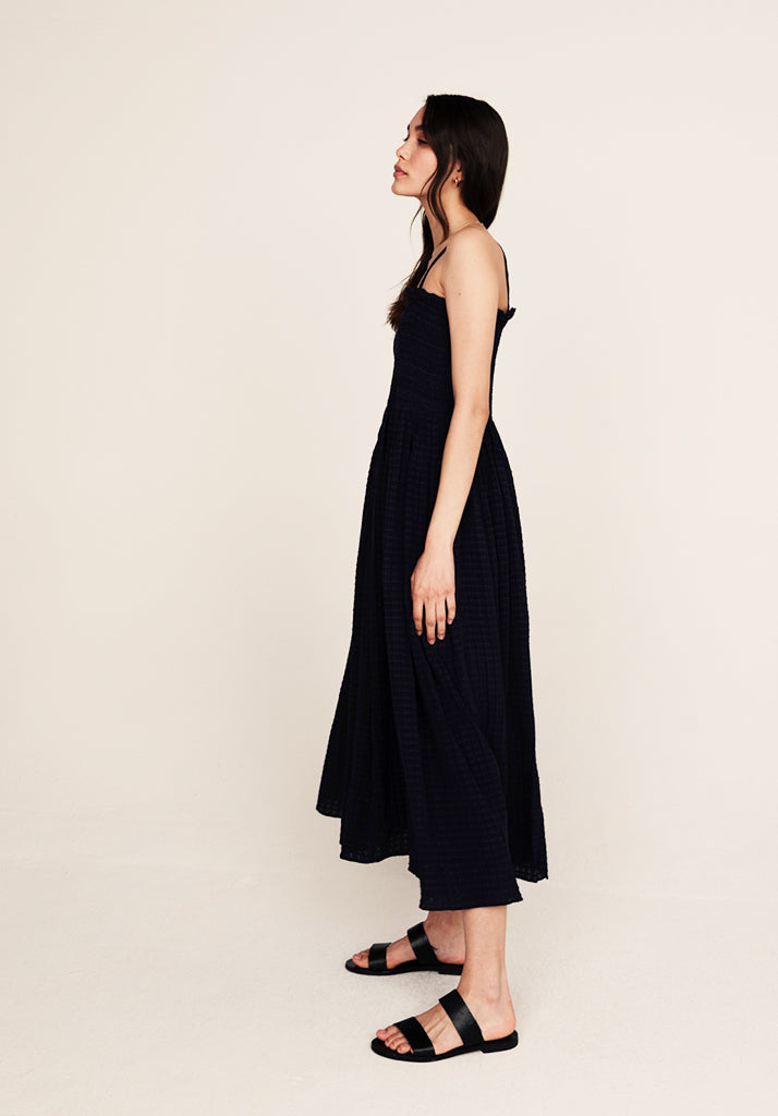 Annie Check Midi Dress in Navy