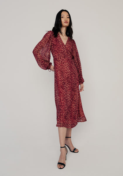 Fifi Leopard Midi Dress in Burgundy